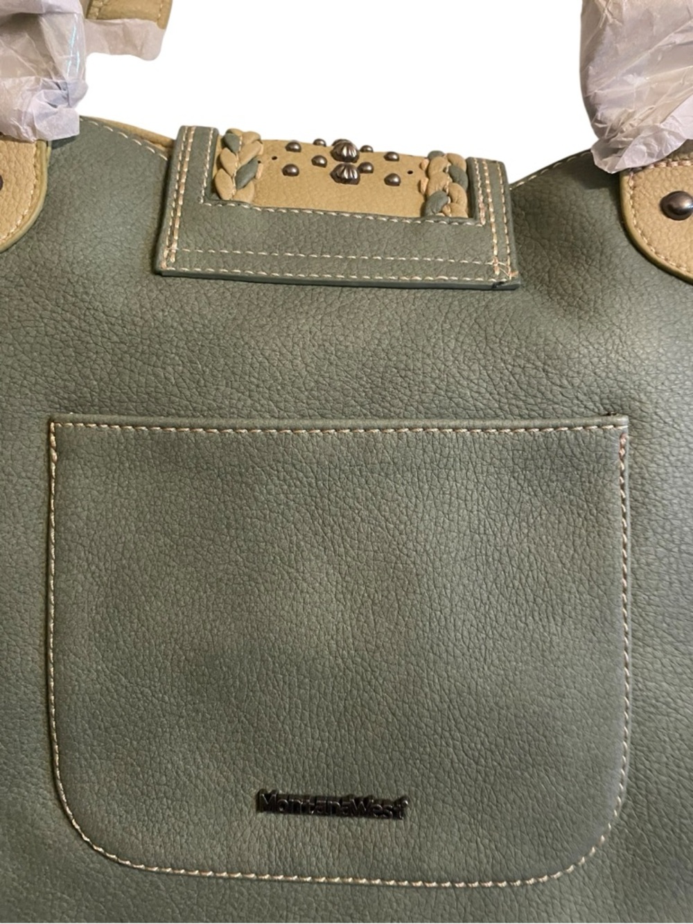 Montana West Olive and Tan Leather Tote with Concho Accent Concealed Carry - Picture 7 of 8